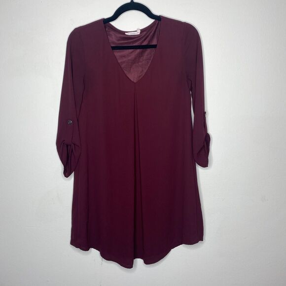 Lush Inverted Pleat V-Neck Plum Drapey Shirt Tail Dress 3/4 Tab Sleeves XS - Picture 3 of 11